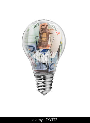 Light bulb with euro bills inside. On a white background. Stock Photo