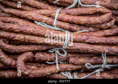 Polish thin made of pork called sausages Kabanos traditional food market in Warsaw, Poland Stock Photo