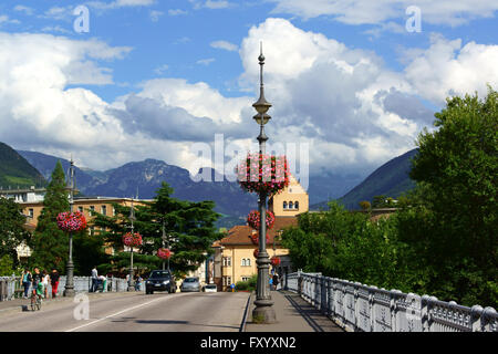 Bolzano, Italy - August 21, 2014: Ponte Talvera bridge that leads to downtown Bolzano crossing Talvera river. Stock Photo
