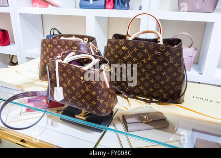 Paris, France, Detail, inside Luxury Stores in Galeries Lafayette Department Store, Louis Vuitton Store, LVMH Luxury Shop, Women's Accessories Handbags, haute couture interior, Fashion designer label Stock Photo