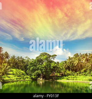 Paradise lake with palm trees and sunset blue sky. Tropical nature landscape. Ubud, Bali, Indonesia. Vintage style toned picture Stock Photo