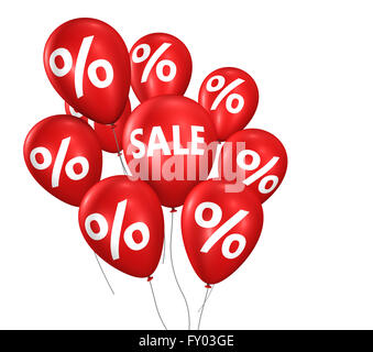 Shopping discount and promo with sale sign and percent symbol on red floating balloons 3D illustration isolated on white. Stock Photo