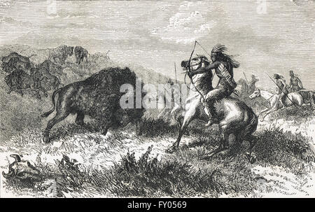 Native America Indians hunting Buffalo in the 19th century Stock Photo