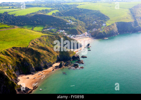 Llangrannog village and beaches aerial view Ceredigion coast Cardigan Bay Mid Wales UK Stock Photo