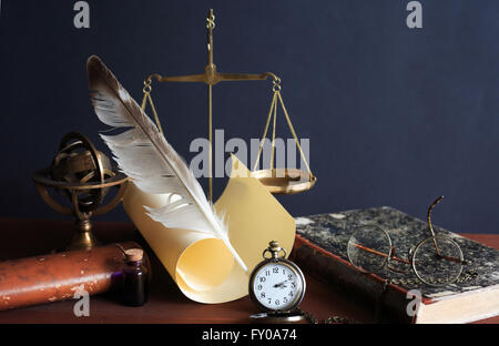 Vintage still life. Old weight scale near books and other vintage things Stock Photo