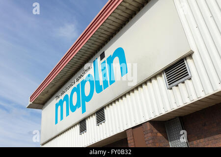 Sign on the exterior of the Maplin store, Manchester  Road, Bolton. Maplin are an electronics retailer. Stock Photo