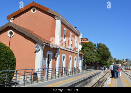 Group of people on the train station platform, Gata de Gorgos, Alicante, Valencia, Spain Stock Photo