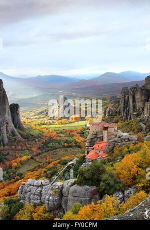 Meteora Rocks and Roussanou Monastery, Greece Stock Photo