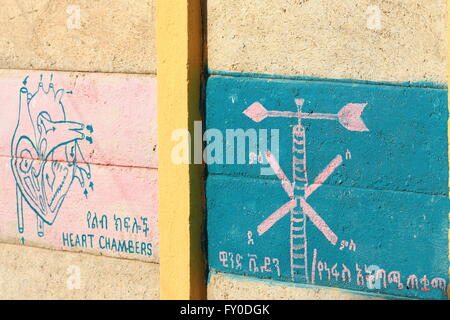 The school walls serve as outer blackboard displaying lessons for students queuing at the schoolyard to enter their classrooms. Stock Photo