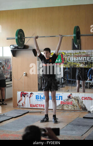 Kovrov, Russia. 17 May 2015. Weightlifting competitions Stock Photo