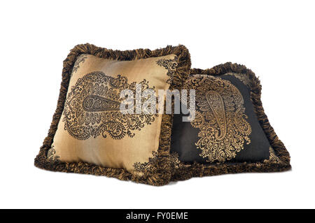Pillows and pillows cases different, shapes and sizes on white background Stock Photo