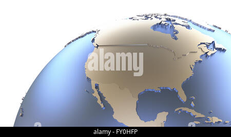 North America on metallic model of planet Earth. Shiny steel continents ...