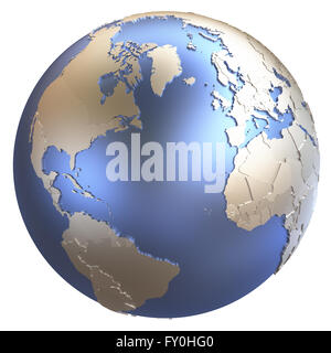 American continents on metallic model of planet Earth with embossed ...