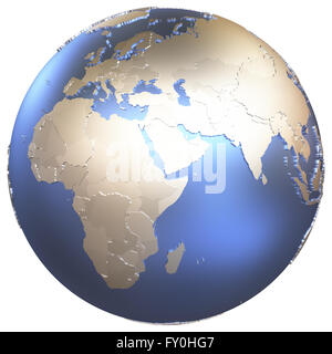 Africa on metallic model of planet Earth with embossed continents and visible country borders. 3D illustration isolated on white Stock Photo