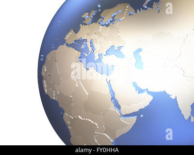 Middle East region on metallic model of planet Earth with embossed ...