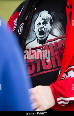 Stuart Pearce, ex of Nottingham Forest and England, makes his debut for struggling football team Longford FC  a fan seen here has a sturat Pearce T shirt Stock Photo