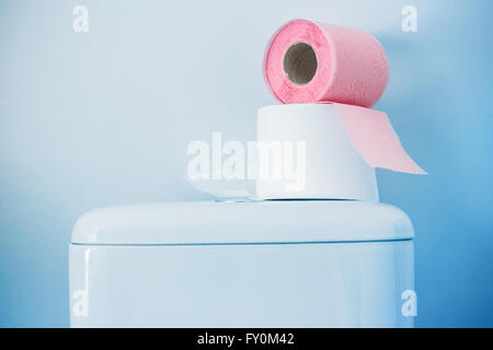 Hygienic paper on white toilet tank closeup Stock Photo