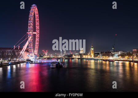 Looking south along the River Thames towards the London Eye and Houses of Parliament, London, England, United Kingdom Stock Photo