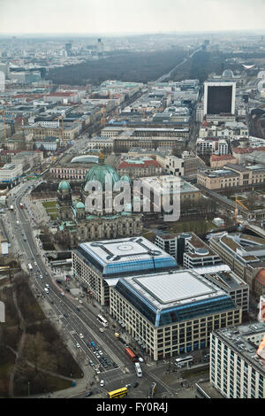 View along Karl Liebknecht Strasse, Berlin to the Dom and Brandenburg Gate from the TV tower, Berlin, Germany. Stock Photo