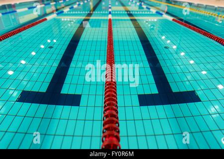 Swimming Lanes. Large Empty Swimming Pool Lanes Closeup. Stock Photo