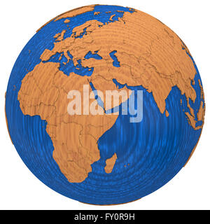 Africa on wooden model of planet Earth with embossed continents and visible country borders. 3D illustration isolated on white b Stock Photo