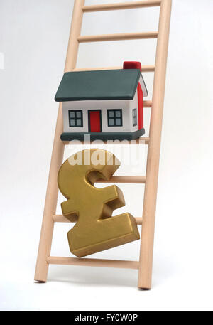HOUSE ON LADDER WITH POUND SIGN RE THE HOUSING LADDER HOUSE BUYING MARKET HOMES FIRST TIME BUYERS MORTGAGES WAGES PROPERTY UK Stock Photo