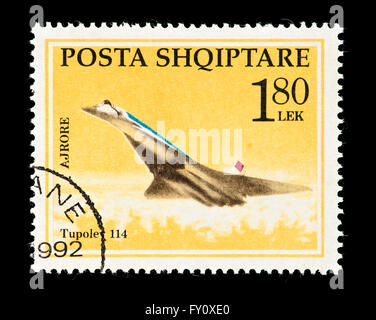Postage stamp from Albania depicting a Tupolev 114 airplane. Stock Photo
