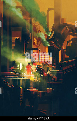 sci-fi scene showing red astronaut standing on futuristic architecture,illustration Stock Photo