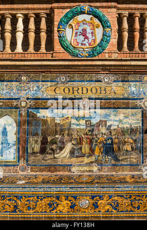 Antique ceramic, wall tiles representing provinces and cities of Spain , Cordoba, Placa de Espana, spanish square, Seville, Anda Stock Photo