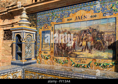 Antique ceramic, wall tiles representing provinces and cities of Spain , Jaen, Placa de Espana, spanish square, Seville, Stock Photo