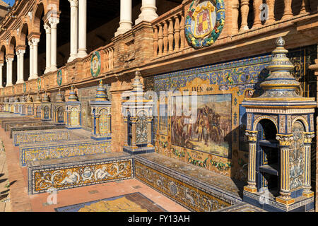Antique ceramic, wall tiles representing provinces and cities of Spain , Jaen, Placa de Espana, spanish square, Seville, Andalus Stock Photo