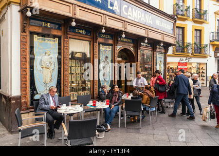 La Campana Cafe, People sitting outside La Campana confiteria , bakery shop , restaurant, since 1885,  Seville, Andalusia, Spain Stock Photo