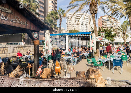 Malagueta Beach Bar, Fish Barbeque, Malaga, Andalucia, Andalusia, Spain, Stock Photo