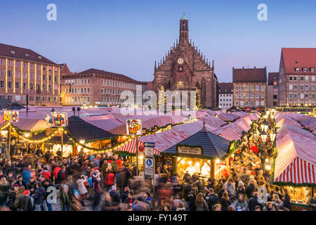 Christmas Market , Christkindlesmarkt,  Xmas, Hauptplatz, Nuremberg , Frauenkirche, twilight,  Nürnberg, Franconia, Germany Stock Photo