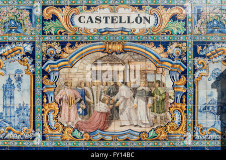 Antique ceramic, wall tiles representing provinces and cities of Spain , Castellon, Placa de Espana, spanish square, Seville, An Stock Photo