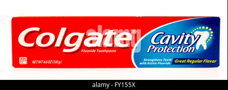 Winneconne, WI -18 Sept 2015: Package of Colgate toothpaste cavity protection. Stock Photo