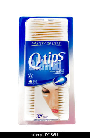 Winneconne, WI - 4 February 2015: Package of 375 Q-tips cotton swabs.  Q-tips have been used for hygiene and cosmetic applicatio Stock Photo