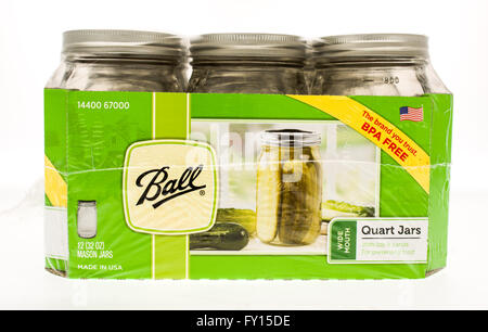 Winneconne, WI - 20 April 2015:  Case of Ball canning jars in quart size. Stock Photo