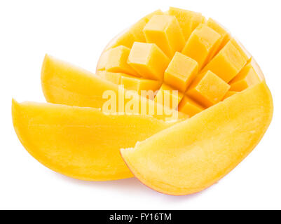 Mango cubes and slices. Isolated on a white background. Stock Photo