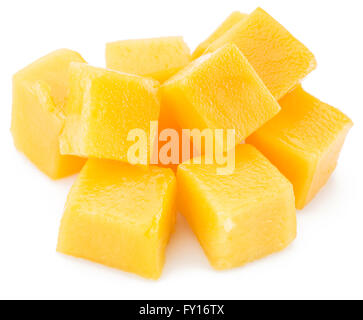 Mango cubes. Isolated on a white background. Stock Photo