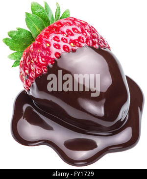 Strawberry dipped in chocolate fondue on white background. Stock Photo