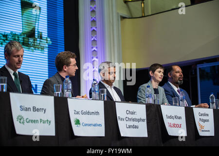 London, UK. 19th April, 2016. David Kurten (r), standing in for UKIP candidate Peter Whittle, addresses the London Mayoral Church Hustings at Kensington Temple in Notting Hill. Credit:  Mark Kerrison/Alamy Live News Stock Photo