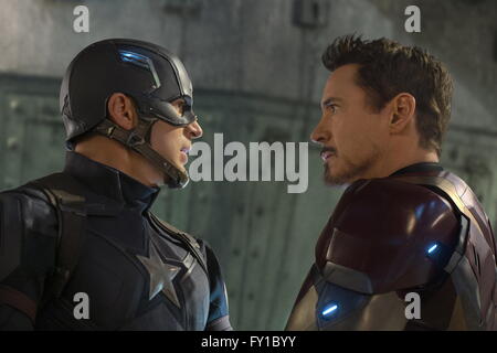 RELEASE DATE: May 6, 2016 TITLE: Captain America: Civil War STUDIO: Marvel Pictures DIRECTOR: Anthony Russo, Joe Russo PLOT: Political interference in the Avengers' activities causes a rift between former allies Captain America and Iron Man PICTURED: Chris Evans, Robert Downey Jr. (Credit Image: c MarvelEntertainment Pictures/) Stock Photo