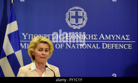 Athens, Greece. 19th Apr, 2016. German Defence Minister Ursula von der Leyen gives a press conference at the defence ministry in Athens, Greece, 19 April 2016. Photo: JOHN MACDOUGALL/dpa/Alamy Live News Stock Photo
