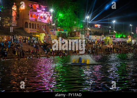 Pilgrims participates in the month-long great bathing festival or Simhastha Mela in Ujjain, India. Thousands of pilgrims gathered in this holy city for the ritual dip in the River Kshipra which takes place once in 12 years. (Photo by Debajyoti Das/Pacific Press) Stock Photo