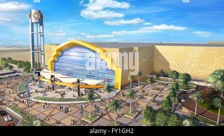 Dubai. 20th Apr, 2016. File photo shows an impression drawing of the Warner Bros. family park of Abu Dhabi, United Arab Emirates (UAE). UAE asset management company Miral and Warner Bros. said here Tuesday a new Warner Bros. themed fun and adventure park is set to open in Abu Dhabi by 2018 on Yas Island near the capital. © Xinhua/Alamy Live News Stock Photo
