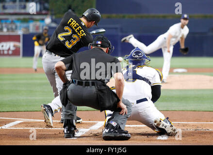 San Diego, USA. 19th Apr, 2016. SAN DIEGO, April 19, 2016 | The Pirates' Davis Freese hits an RBI single off of the Padres'Colin Rea in the first inning at Petco Park in San Diego on Tuesday. | Photo by Hayne Palmour IV/San Diego Union-Tribune/Mandatory Credit: HAYNE PALMOUR IV/SAN DIEGO UNION-TRIBUNE/ZUMA PRESS San Diego Union-Tribune Photo by Hayne Palmour IV copyright 2016 © Hayne Palmour Iv/San Diego Union-Tribune/ZUMA Wire/Alamy Live News Stock Photo