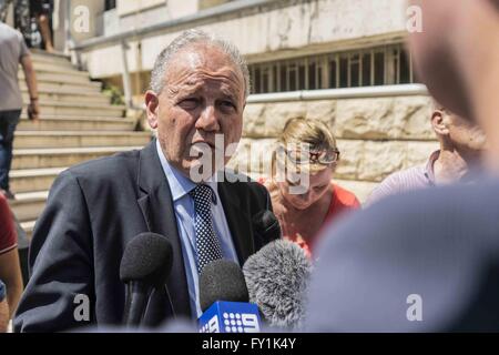 Beirut, Lebanon. 20th Apr, 2016. April 20, 2016 - Baabda Court House, Beirut, Lebanon: Lawyer for Sally Faulkner, Ghassan Moghabghab outside the courthouse where his client Sally Faulkner of Brisbane, Australia, and members of the Australian TV show '60 Minutes', a Nine Network production, were released after abducting her two children from the custody of her estranged husband, Ali Zeid al-Amin, a surfing instructor who lives south of the Lebanese capital, Beirut. Tara Brown, the presenter famous from 60 Minutes, reporter Stephen Rice, cameraman Ben Williamson and sound recordist David Bal Stock Photo