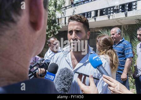 Beirut, Lebanon. 20th Apr, 2016. April 20, 2016 - Baabda Court House, Beirut, Lebanon: Ali Zeid al-Amin outside the courthouse where Sally Faulkner of Brisbane, Australia, and members of the Australian TV show '60 Minutes', a Nine Network production, were released after abducting her two children from the custody of her estranged husband, Ali Zeid al-Amin, a surfing instructor who lives south of the Lebanese capital, Beirut. Tara Brown, the presenter famous from 60 Minutes, reporter Stephen Rice, cameraman Ben Williamson and sound recordist David Ballment were arrested while in Beirut to c Stock Photo