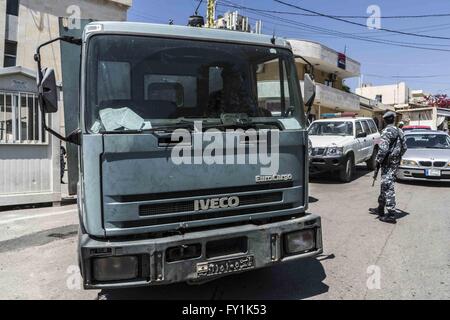 Beirut, Lebanon. 20th Apr, 2016. April 20, 2016 - Baabda Court House, Beirut, Lebanon: Truck transporting Sally Faulkner of Brisbane, Australia, and members of the Australian TV show '60 Minutes', a Nine Network production, are being held after abducting her two children from the custody of her estranged husband, Ali Zeid al-Amin, a surfing instructor who lives south of the Lebanese capital, Beirut. Tara Brown, the presenter famous from 60 Minutes, reporter Stephen Rice, cameraman Ben Williamson and sound recordist David Ballment were arrested while in Beirut to cover the story of Brisbane Stock Photo